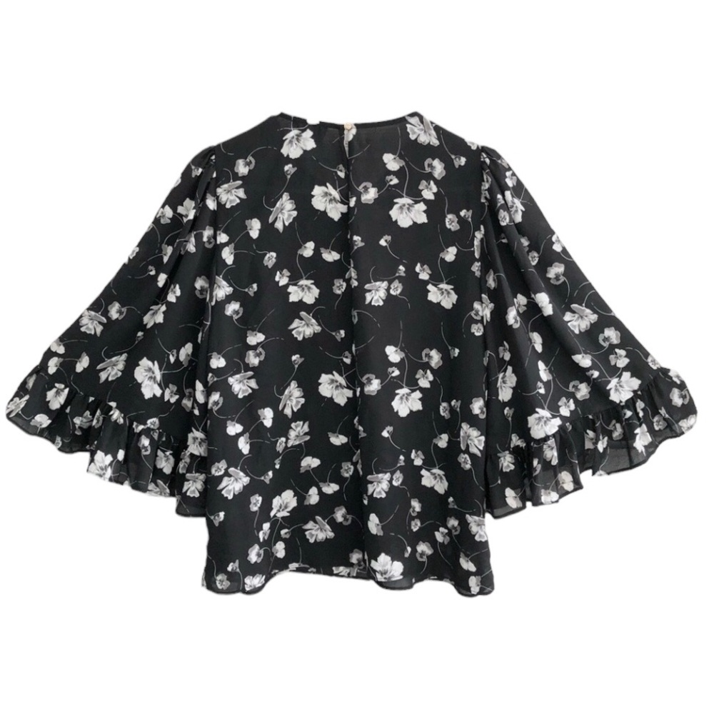 CeCe Black & White Sheer Floral Bell Ruffle Sleeve Top Size S - Picture 3 of 8